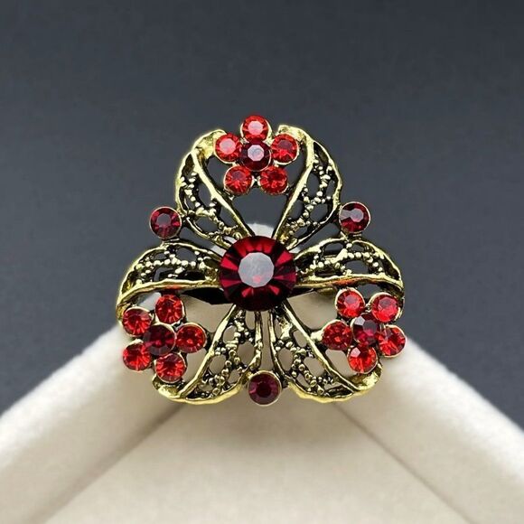 Yellow Gold with Ruby Red and Garnet Red Crystal Flower Pin Back Brooch - Picture 2 of 9